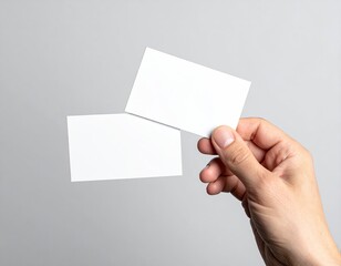A hand holds two blank white business cards against a gray background