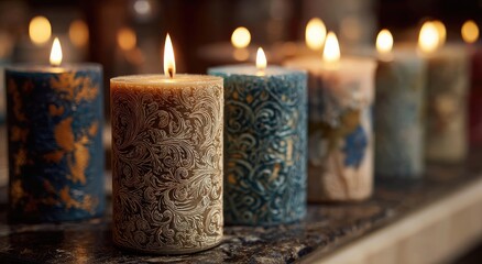 Row of decorative pillar candles, warm light,  dark background