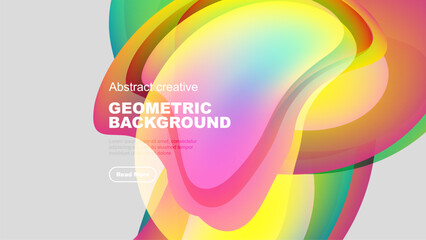 Vibrant abstract shapes overlap, creating dynamic colorful background. Text block present with button below. Modern design elements visible.