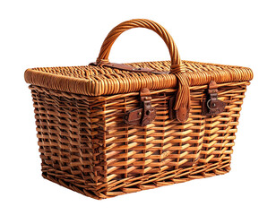 A light brown wicker picnic basket with a lid