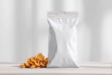 White Packaging Bag with Crispy Snack Chips on Neutral Background