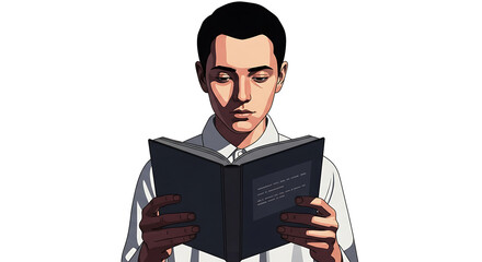 A digitally created image of a man with dark hair reading a book against a black background in a white shirt on transparent background