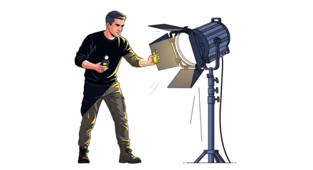 Man holding light meter next to a fresnel light on a stand in a dark studio environment setting scene on transparent background