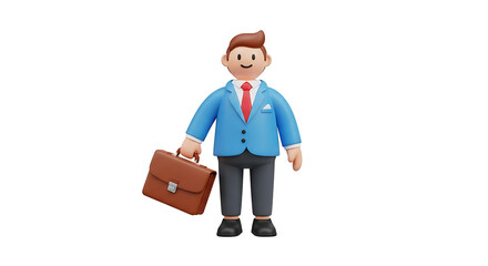 A cartoon businessman in a blue suit holding a briefcase standing against a black background in a studio on transparent background
