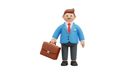 A cartoon businessman in a blue suit holding a briefcase standing against a black background in a studio on transparent background
