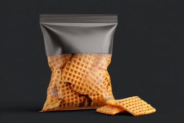 Crispy Waffle Snacks in Transparent Bag on Dark Background