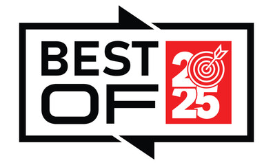 Minimalist 2025 logo design with bold black numerals above a red bar. White text "BEST OF" with rewind and play symbols inside. Clean, modern, flat graphic style on white background.	