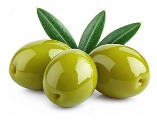 Three green olives with leaves on a white background (1)