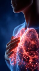 The Human Respiratory System: A close-up view showcases the intricate network of human lung with vibrant details, emphasizing the delicate structures and vitality of respiration.