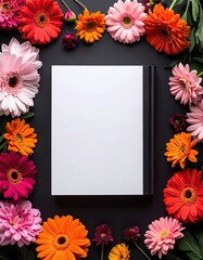 Obraz premium Blank book centered, surrounded by vibrant gerbera daisies and smaller dark flowers on a black background; flat lay