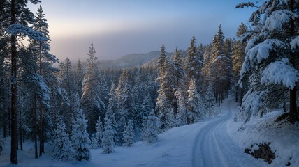 Fototapeta premium Snowy winter forest landscape at sunrise