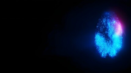 A glowing digital fingerprint rendered in blue and pink neon light on a dark abstract background symbolizing identity and security