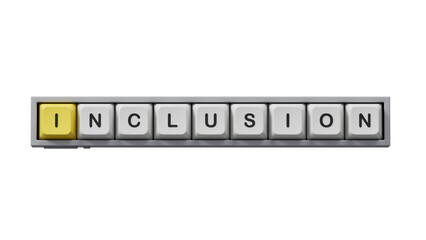 Symbol for a better inclusion. Computer keyboard keys with word 'inclusion'. Beautiful orange background. Copy space.Supports PNG files with transparent backgrounds.