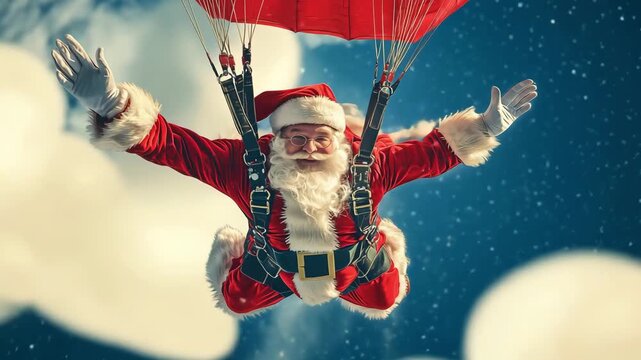 A cheerful Santa Claus parachutes from the sky, bringing joy and gifts during the festive Christmas season in December