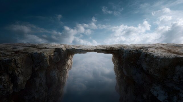 Natural rock bridge spans a chasm between rugged cliffs against a dramatic sky symbolizing connection and overcoming challenges