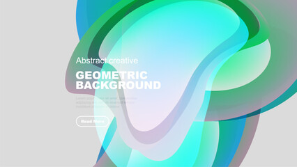 Abstract geometric shapes overlap, creating vibrant color gradients. Design features text, button, dark background. Modern aesthetic.