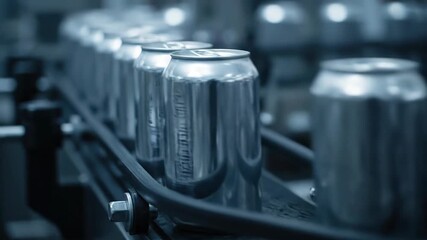 Aluminum Cans Move Along Industrial Conveyor Belt Line in a Factory, During Daytime Production