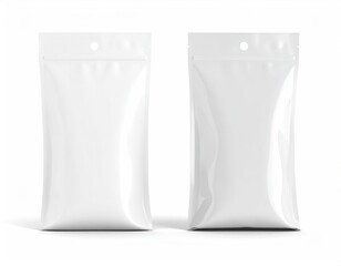 Two identical white, glossy, plastic food packaging pouches with a re-sealable zipper