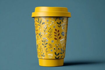 Bright Yellow Coffee Cup with Floral Design on Blue Background