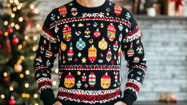 Man in colorful Christmas sweater enjoys the warm atmosphere of a holiday celebration in a cozy modern living room