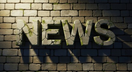 Text News on Old Brick Wall with Cracks and Moss in Dramatic Lighting