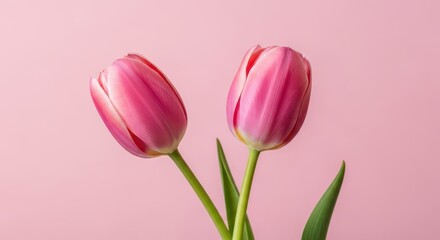Two Pink Tulips with Water Droplets Against a Soft Pink Background