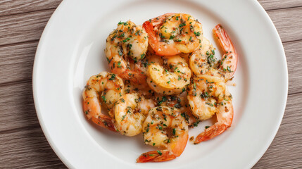 白い丸皿に盛り付けられたパセリとガーリックバターが香るエビのソテーの真上からの俯瞰ショット