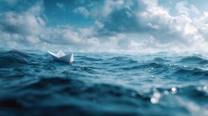 A solitary white paper boat drifts on the vast turbulent ocean waves beneath a dramatic cloud filled sky