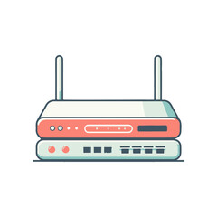 Obraz premium Two modern routers stacked on top of each other with antennas, set against a simple background