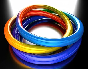 Intertwined colorful rings, glossy, vibrant, on dark background with light source