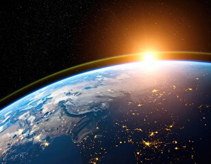 Obraz premium Earth seen from space at sunrise, with city lights