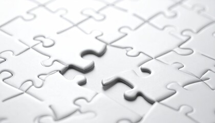 Close-up of a mostly complete white jigsaw puzzle with one piece missing, highlighting the concept of incompleteness or a missing element