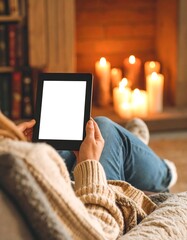 Woman reading tablet by fireplace