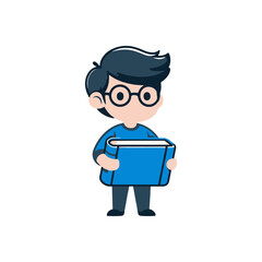 Young boy holding a blue book, standing in a simple, bright environment, focused on reading