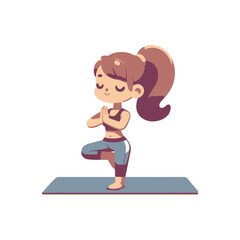 A cartoon girl practicing yoga in a serene setting, showcasing balance and tranquility