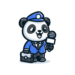 Naklejka premium A cartoon panda dressed in a blue suit holding a microphone and briefcase, ready for an interview