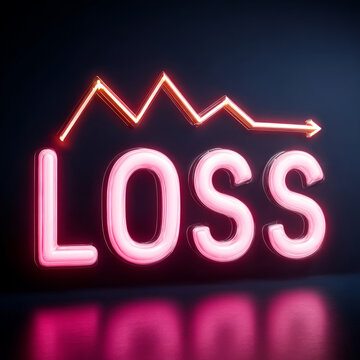 Neon loss sign with declining arrow symbolizing financial downturn.
