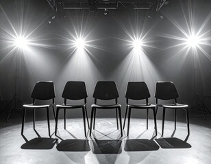 Empty black chairs in a dimly lit performance space, spotlighting the center