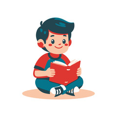A cheerful boy sitting cross-legged, reading a colorful book in a bright, playful environment