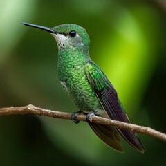 Fototapeta premium Green Hummingbird Perched: A vibrant green hummingbird, a jewel of nature, delicately perched on a slender branch. Bathed in soft light, it showcases the intricate details of its plumage.