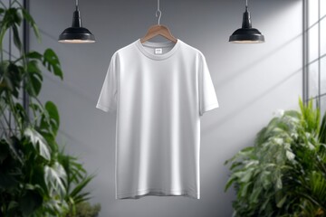 Plain White T-Shirt Hanging in a Modern Indoor Setting with Plants