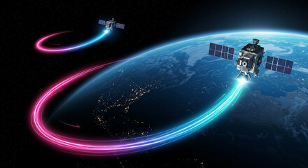 Three satellites orbiting Earth, monitoring solar winds with glowing trails.