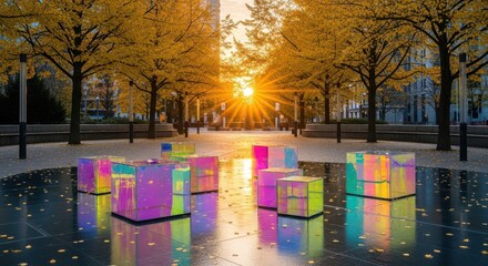 Vibrant illuminated art installation brightens a public park during sunset