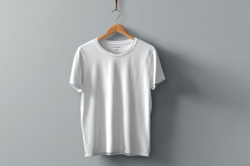 Plain White T-Shirt on Wooden Hanger Against Gray Wall