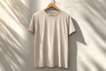 Minimalist Casual T-Shirt Hanging on Wooden Hanger Against Wall