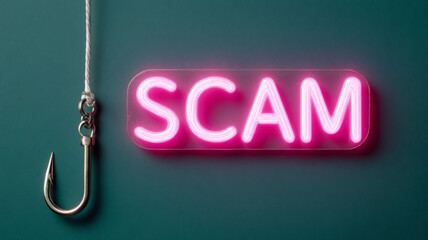 Neon 'scam' sign with a fishing hook on teal background.