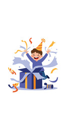 a child in a conical birthday hat, enthusiastically tearing wrapping paper off a large box, with ribbons and paper scattered around him