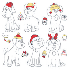 A set of funny dogs in New Year's hats. Hand-drawn outline. New Year's elements. Christmas tree, Santa Claus, snowman, bag, bells, mitten, box