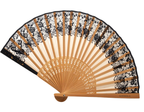  Ornate Black Lace Folding Fan Open PNG Transparent Background