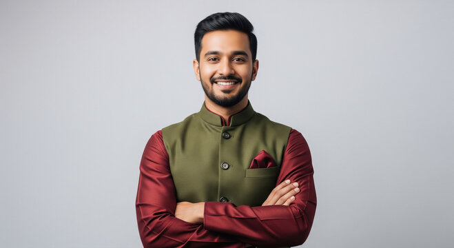 A confident young Indian man poses in a modern maroon and olive traditional jacket with folded arms